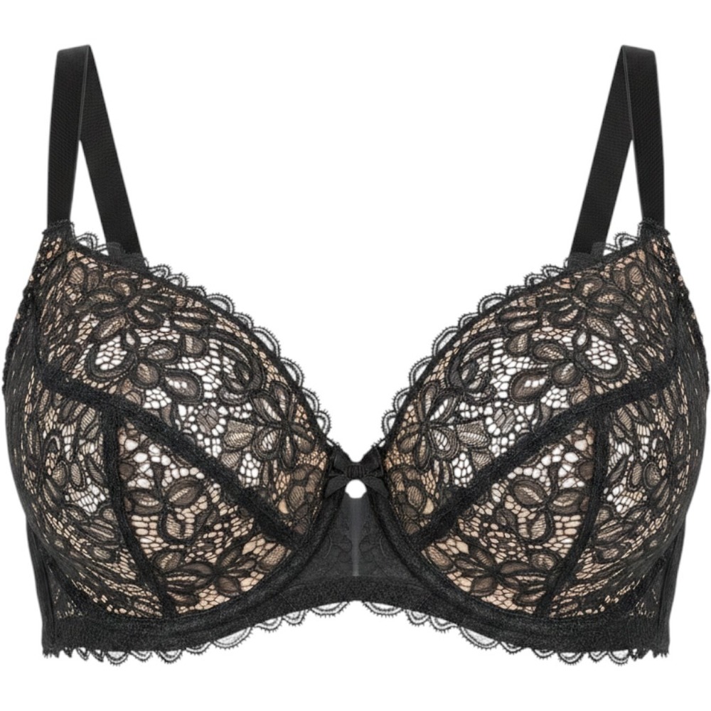Soma Black Floral Lace Unlined Balconette Bra 38DDD Underwire Nude Mesh
